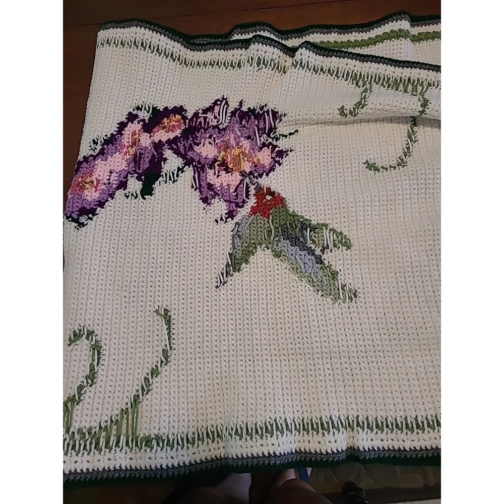 Hand Knit Flowers And Hummingbirds Couch/Table Runnner 28 X 58 Purple Pink Green